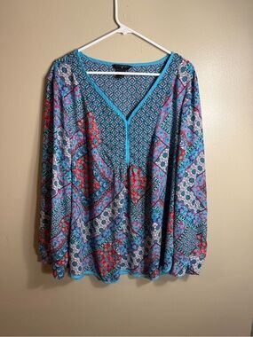 Investments 2X Boho Print Tunic Blouse Blue Pink Coral Long Sleeve Top